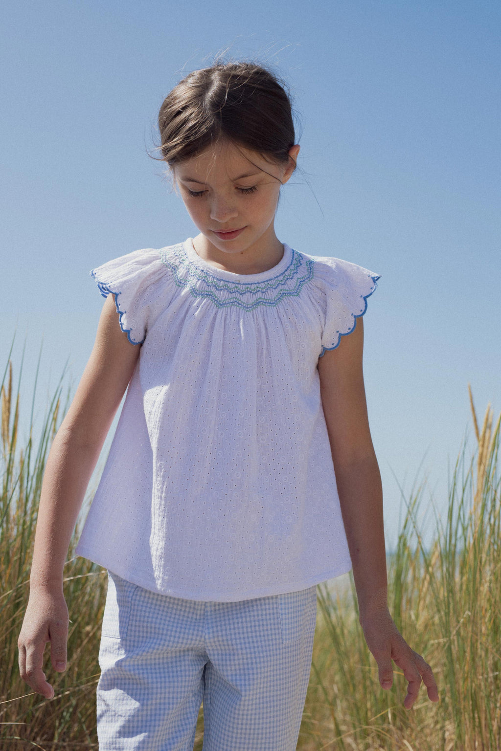 Paloma hand-smocked blouse embroidered double gauze
