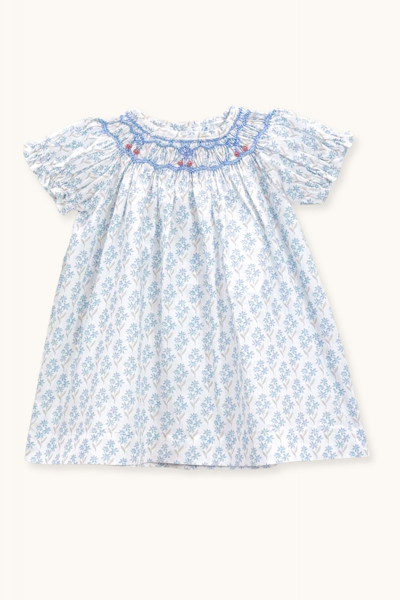 Cherry smocked baby dress in Primrose blue