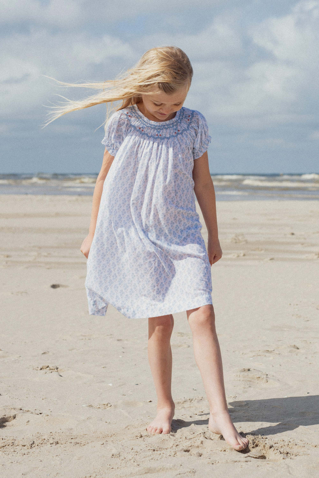 Cherry dress hand-smocked Primrose blue