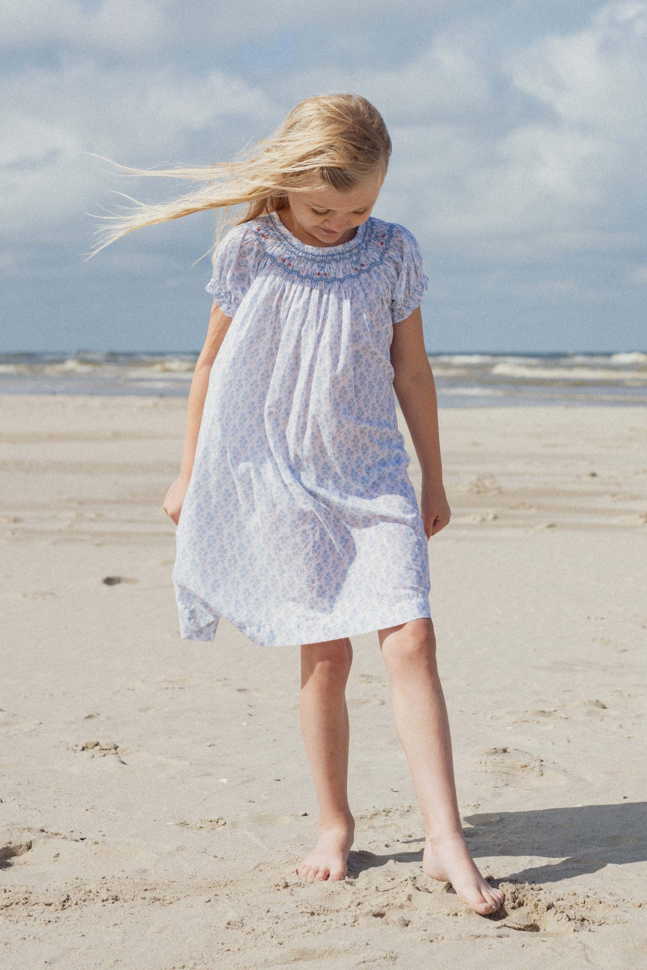 Cherry dress hand-smocked Primrose blue