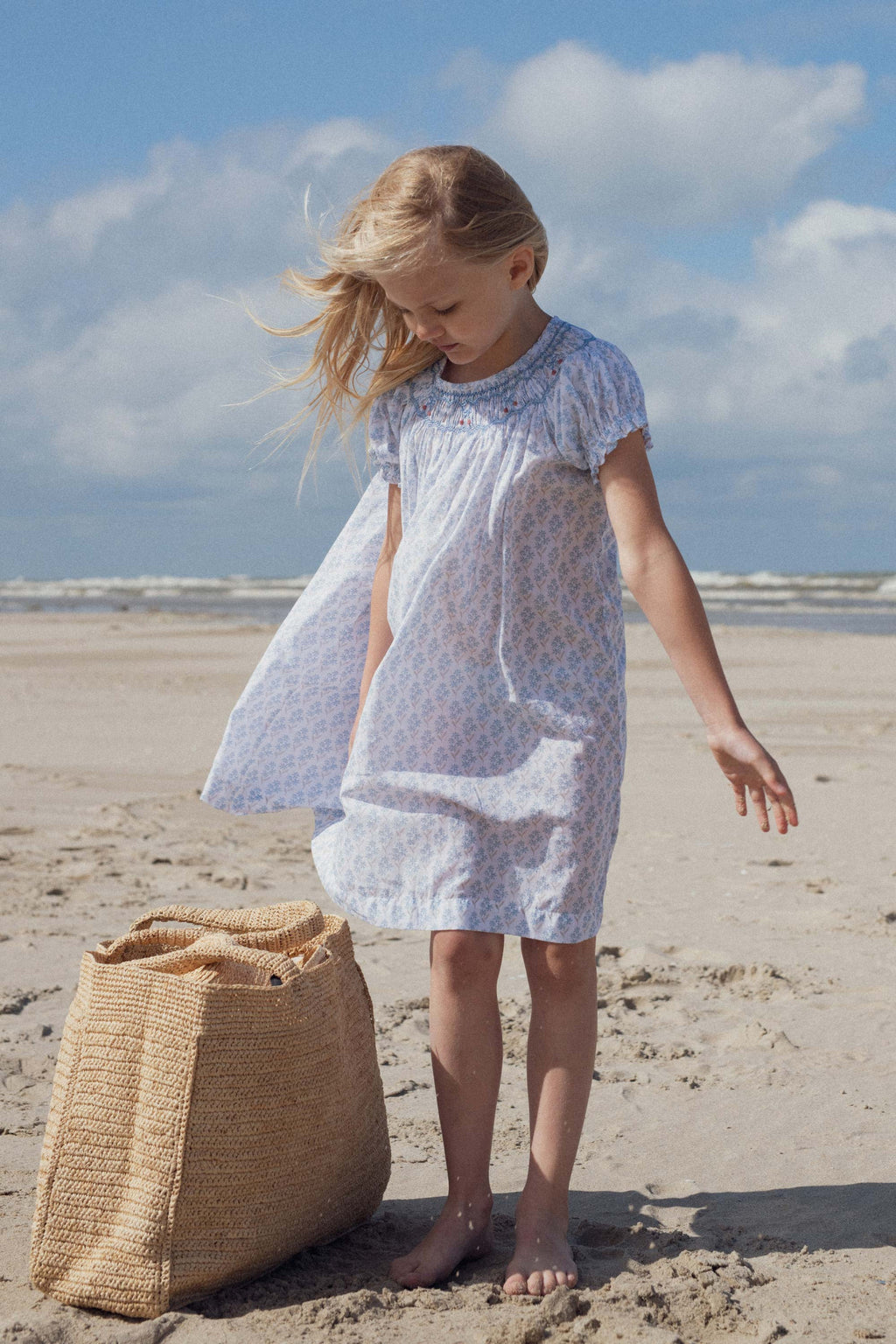 Cherry dress hand-smocked Primrose blue