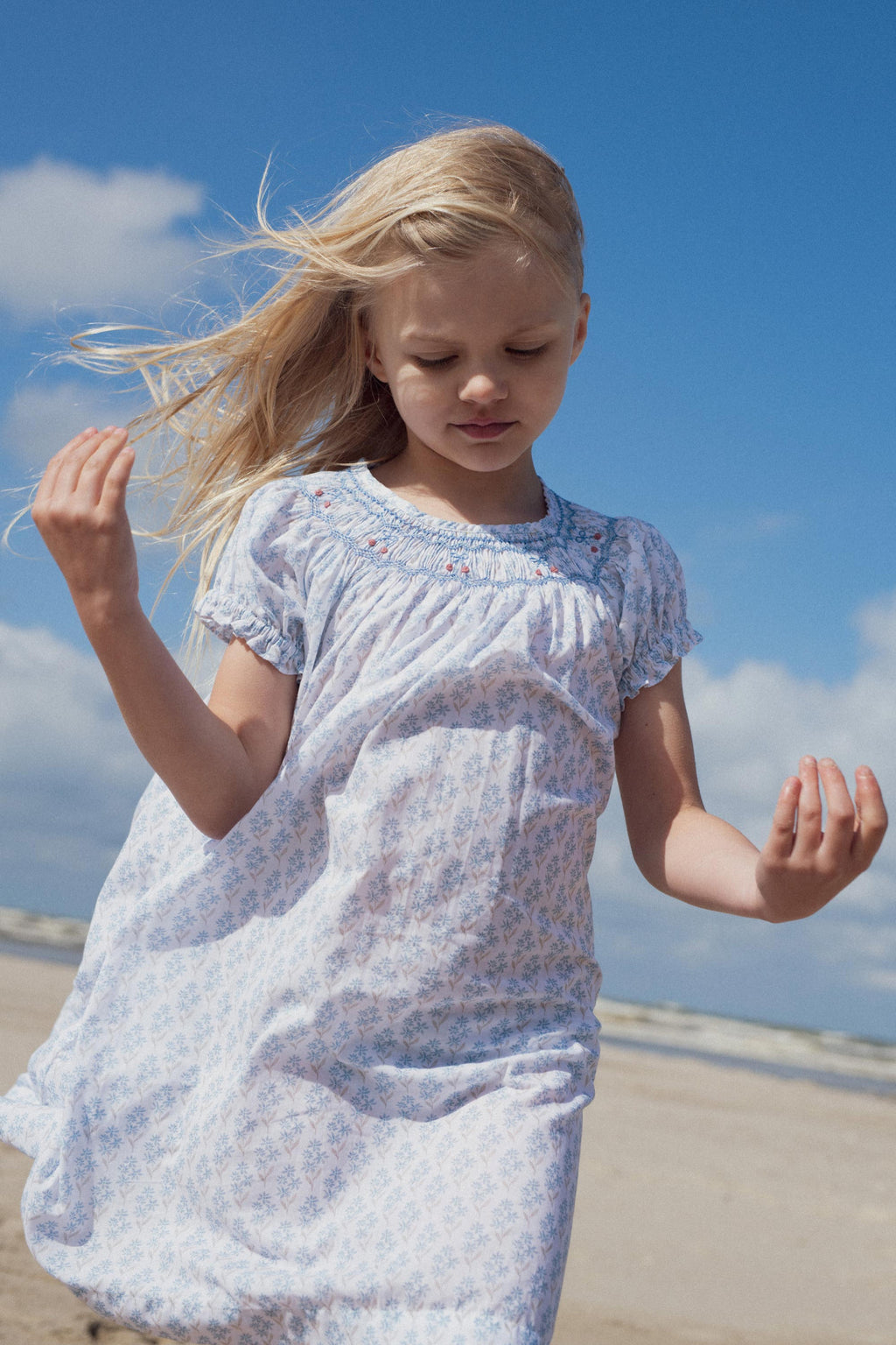Cherry dress hand-smocked Primrose blue