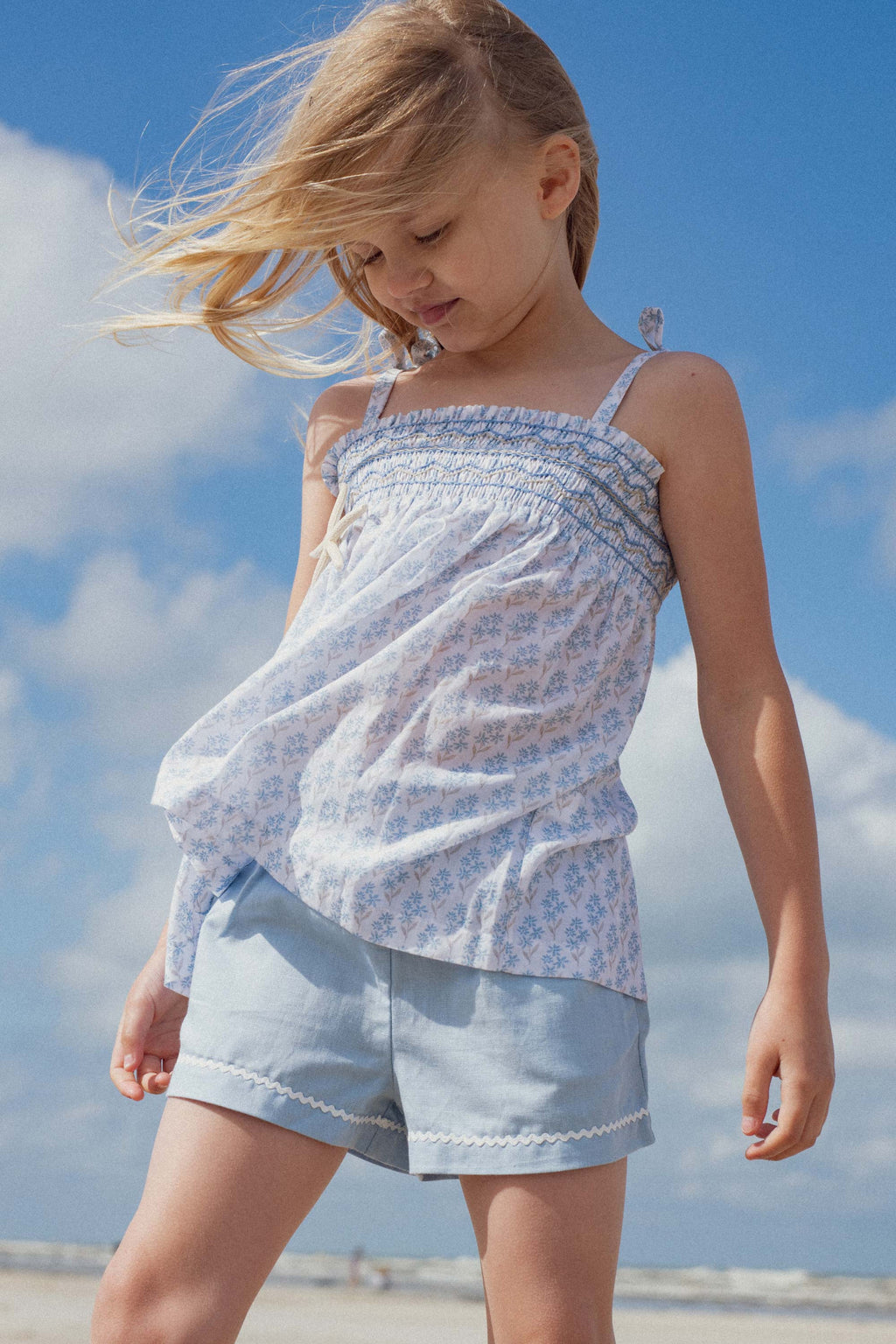 Indie top hand smocked Primrose blue